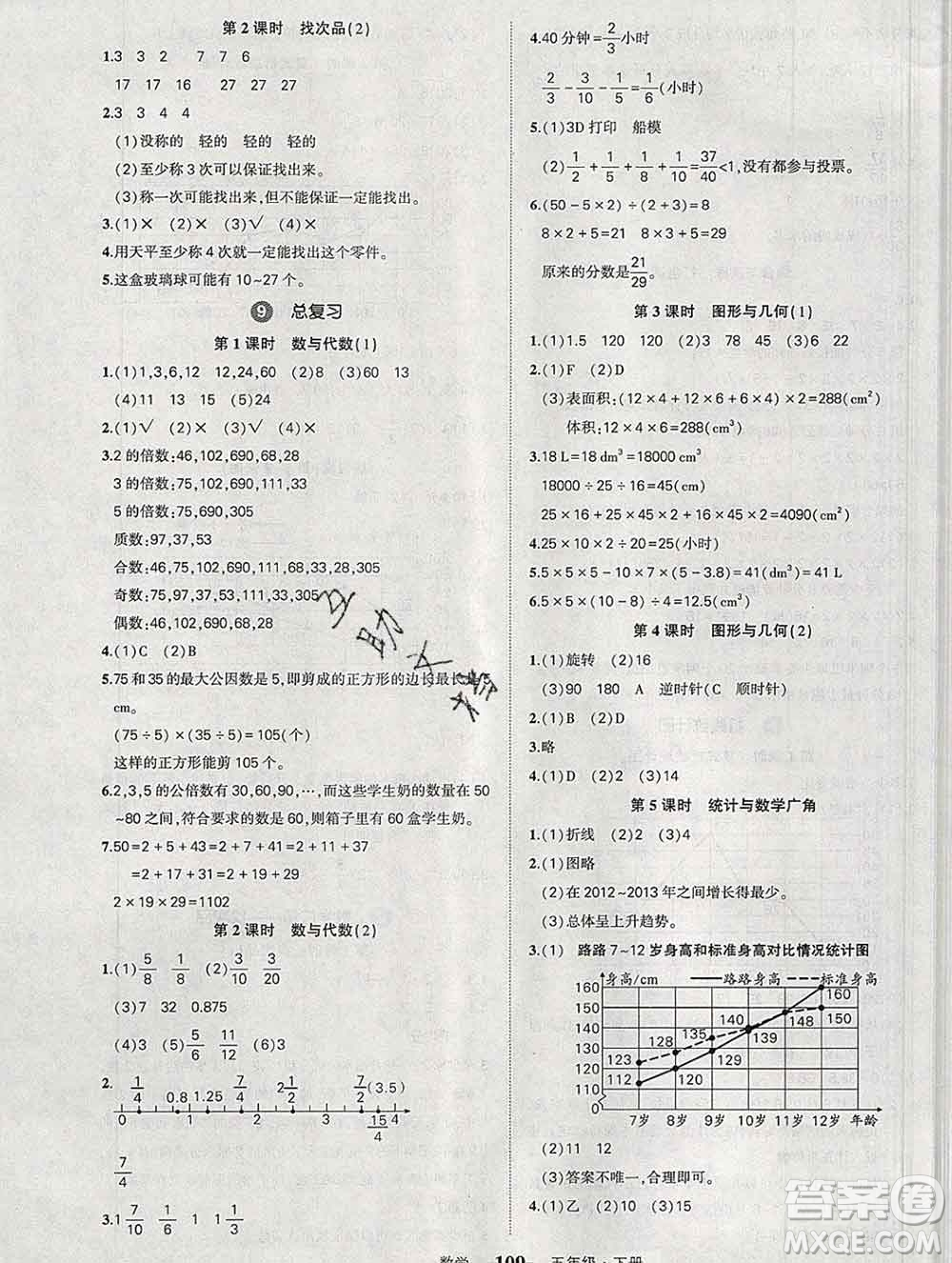 長江出版社2020春黃岡狀元成才路狀元作業(yè)本五年級(jí)數(shù)學(xué)下冊(cè)人教版答案