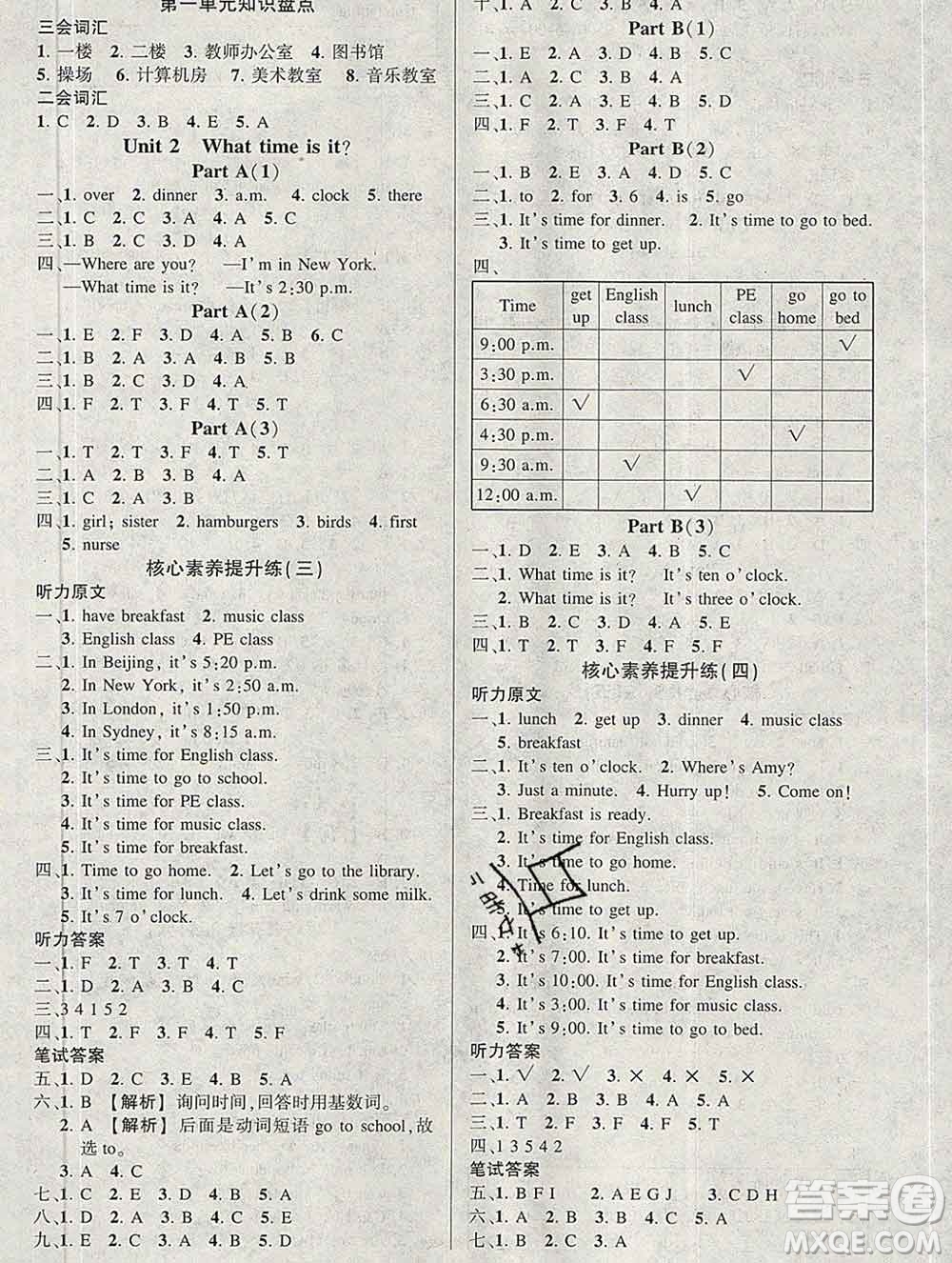 長江出版社2020春黃岡狀元成才路狀元作業(yè)本四年級英語下冊人教版答案