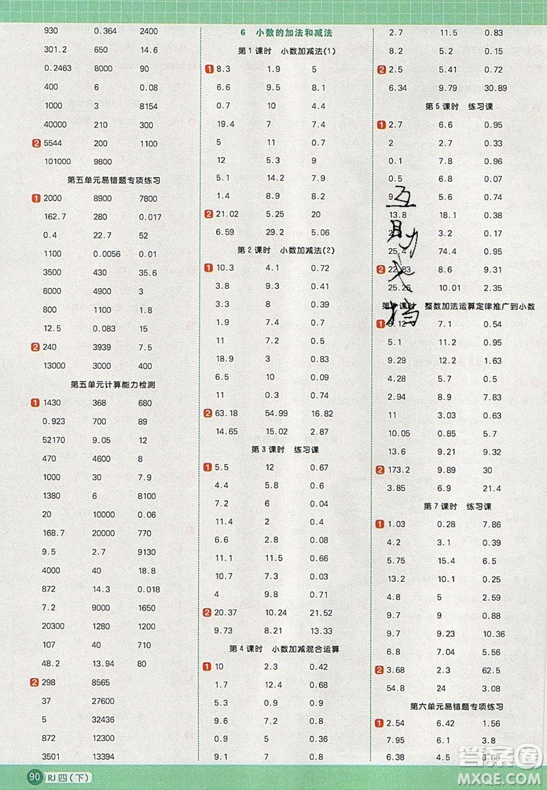 2020春陽(yáng)光同學(xué)計(jì)算小達(dá)人四年級(jí)數(shù)學(xué)下冊(cè)人教版答案