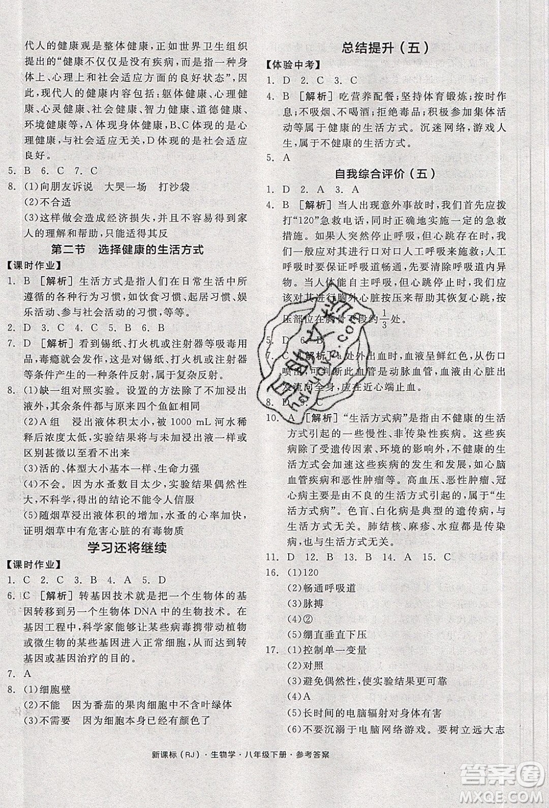 陽光出版社2020年全品學(xué)練考生物八年級下冊新課標RJ人教版答案