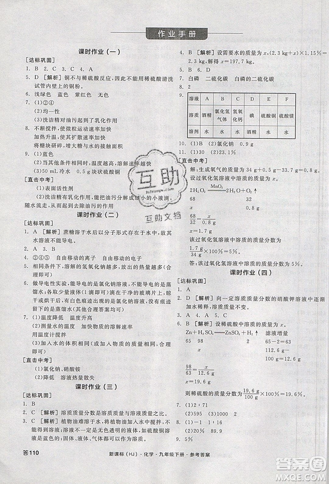 陽光出版社2020年全品學練考化學九年級下冊新課標HJ滬教版答案