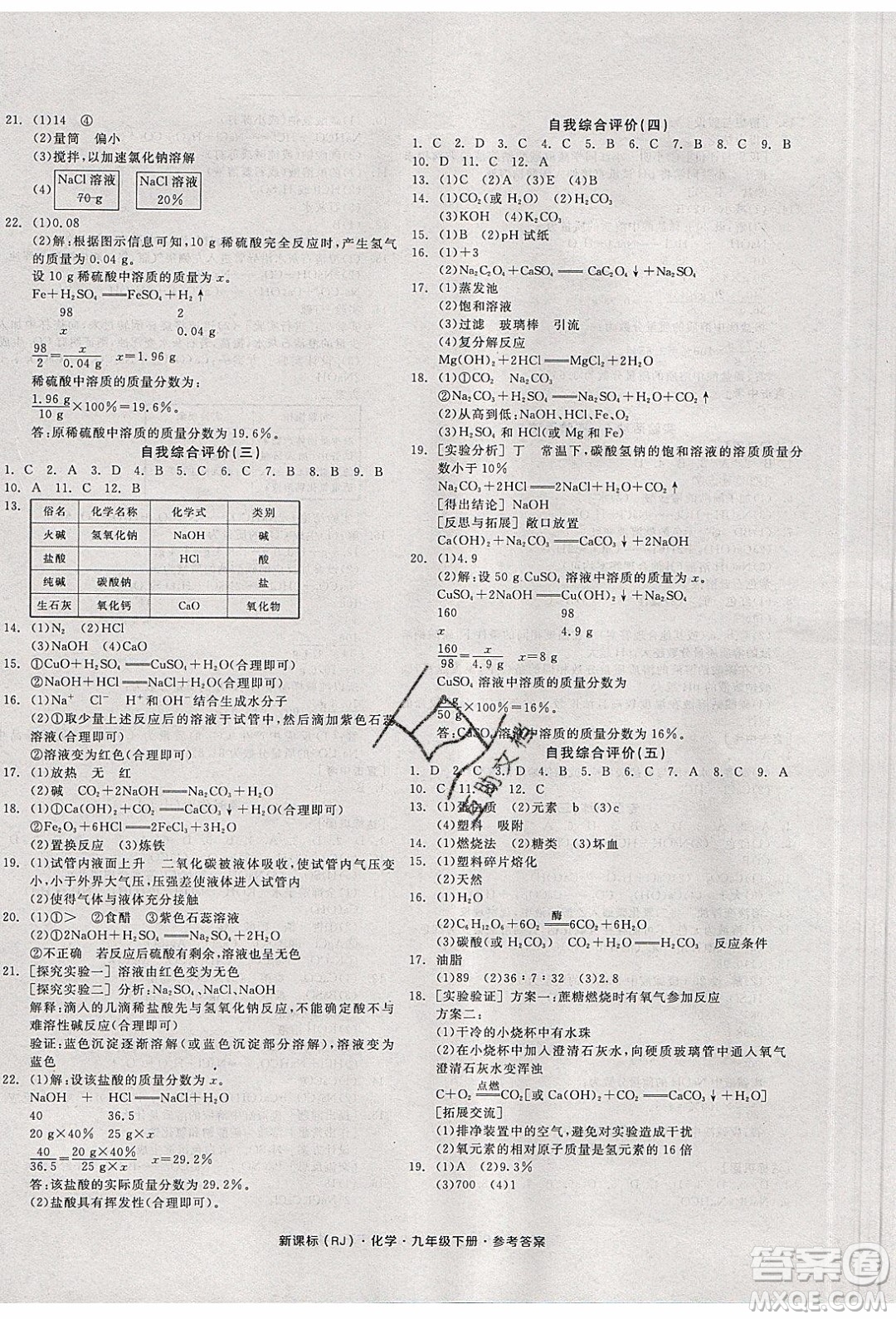 陽光出版社2020年全品學(xué)練考化學(xué)九年級下冊新課標(biāo)RJ人教版答案