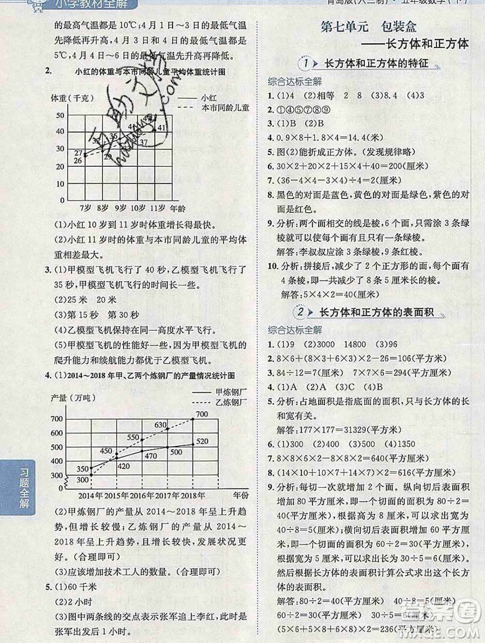 2020春小學教材全解五年級數學下冊青島版六三制答案