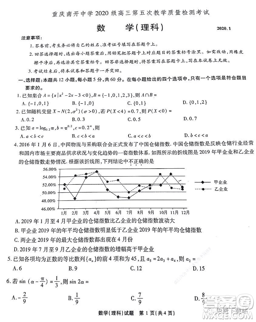 重慶南開(kāi)中學(xué)2020級(jí)高三第五次教學(xué)質(zhì)量檢測(cè)考試?yán)砜茢?shù)學(xué)答案