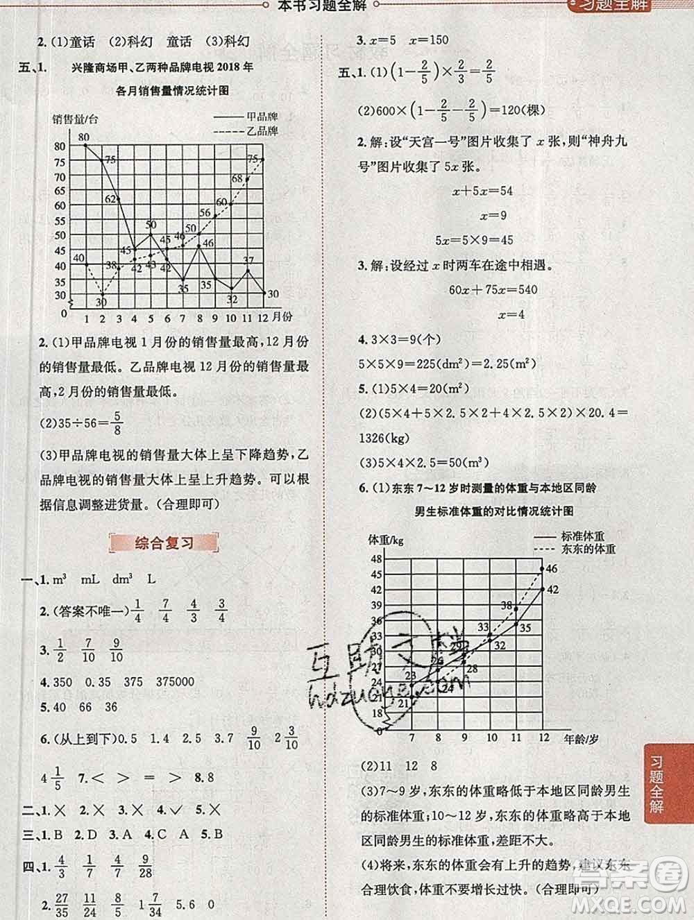 陜西人民教育出版社2020春小學(xué)教材全解五年級數(shù)學(xué)下冊北師大版答案