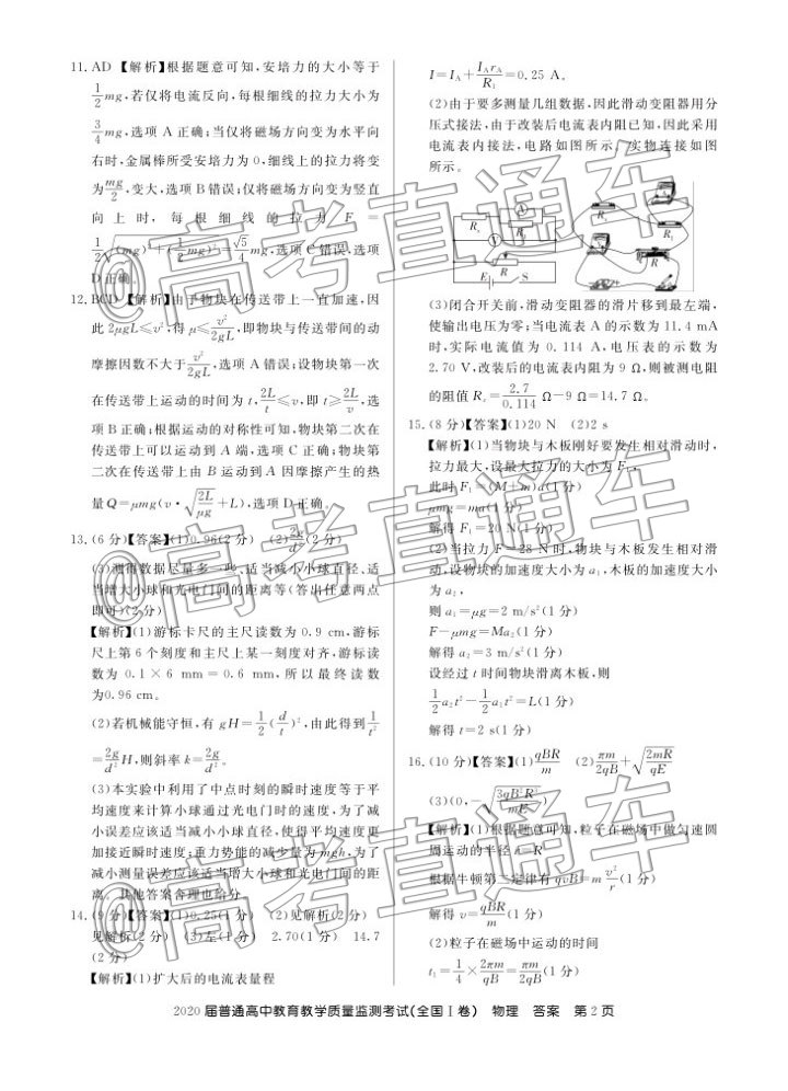 2020屆百校聯(lián)盟1月教學(xué)質(zhì)監(jiān)全國Ⅰ卷物理試題及參考答案