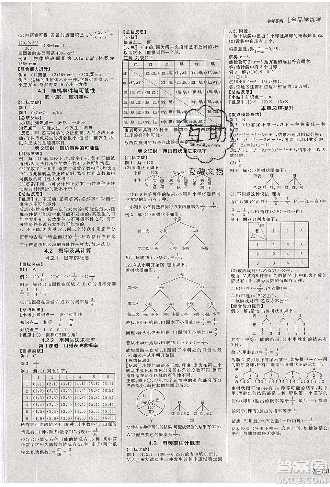 陽(yáng)光出版社2020年全品學(xué)練考數(shù)學(xué)九年級(jí)下冊(cè)新課標(biāo)XJ湘教版答案