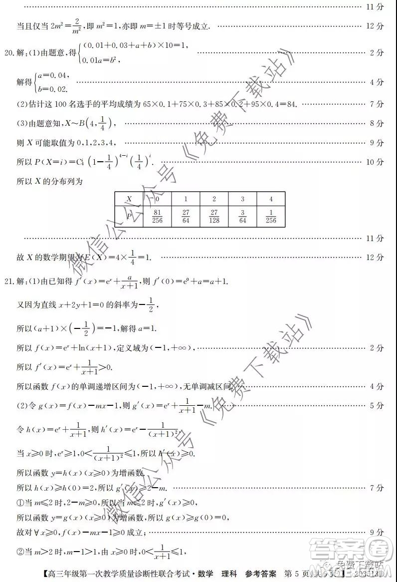 2020年1月廣西高三年級第一次教學質(zhì)量診斷性聯(lián)合考試理科數(shù)學試題及答案