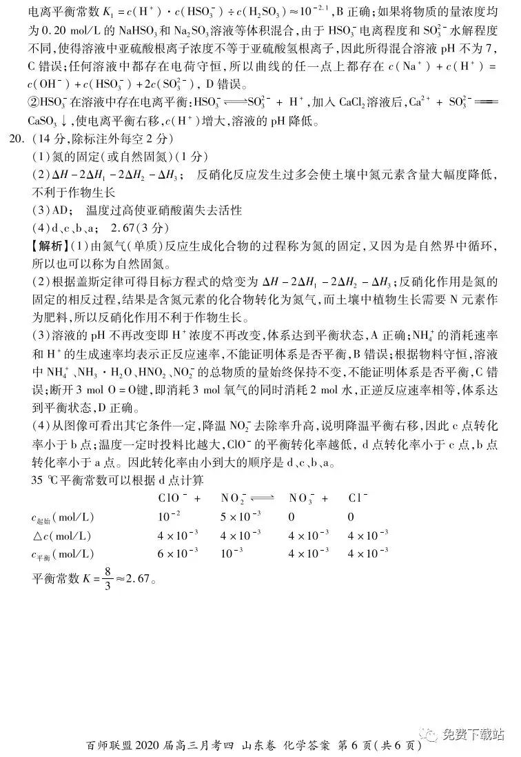 百師聯(lián)盟2020屆高三月考四山東卷化學(xué)答案