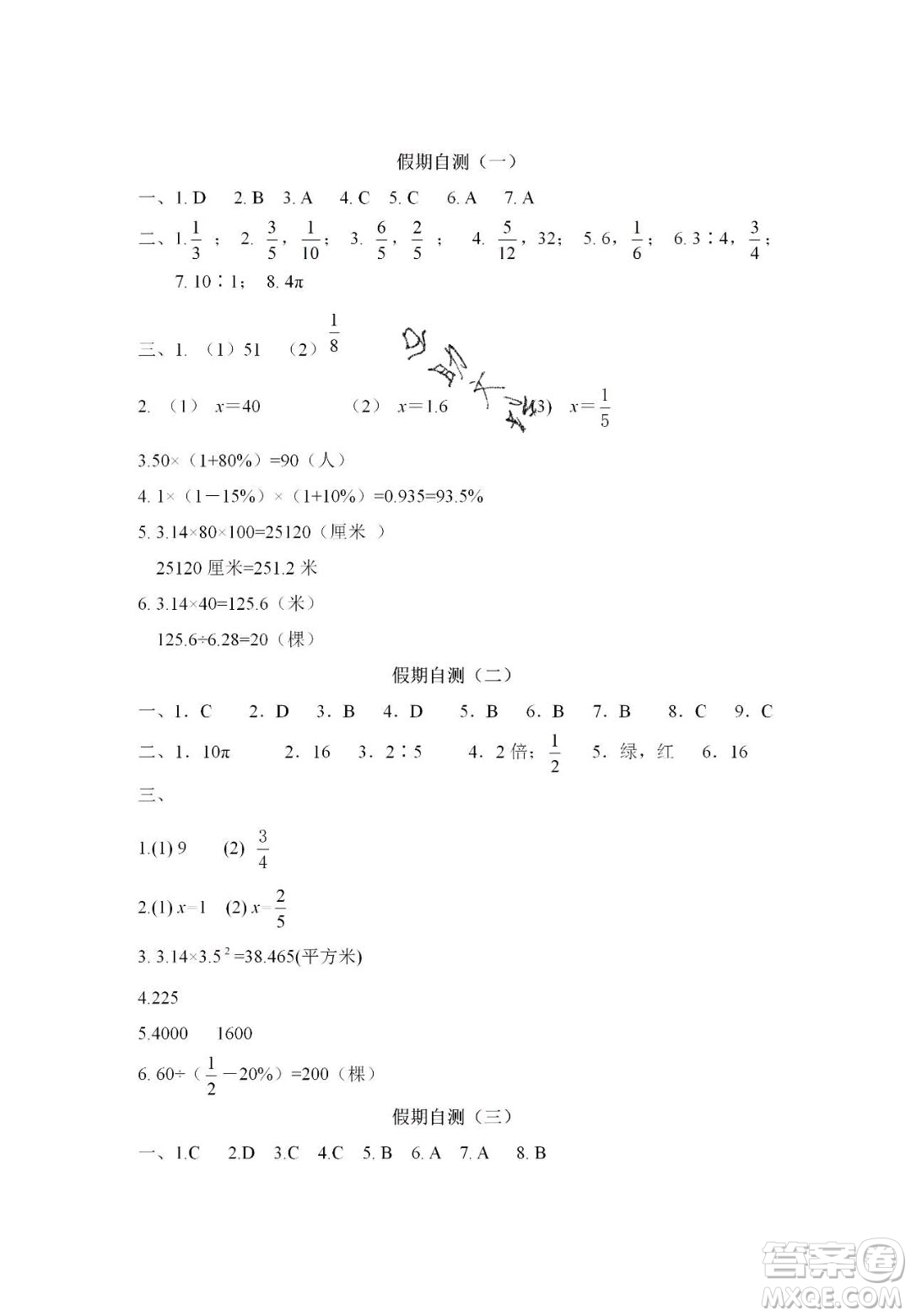 宋春生主編2020陽光假日寒假作業(yè)六年級數(shù)學(xué)人教版答案