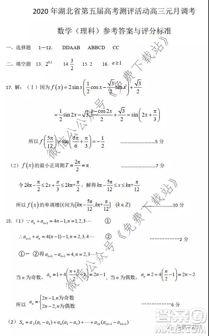 2020年湖北省第五屆高考測(cè)評(píng)活動(dòng)高三元月調(diào)考理科數(shù)學(xué)試題及答案