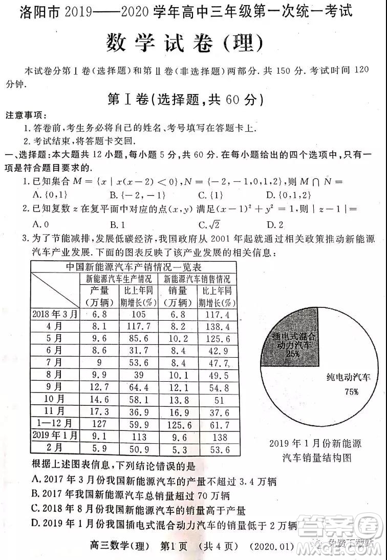 洛陽市2019-2020學(xué)年高中三年級第一次統(tǒng)一考試?yán)砜茢?shù)學(xué)試題及答案