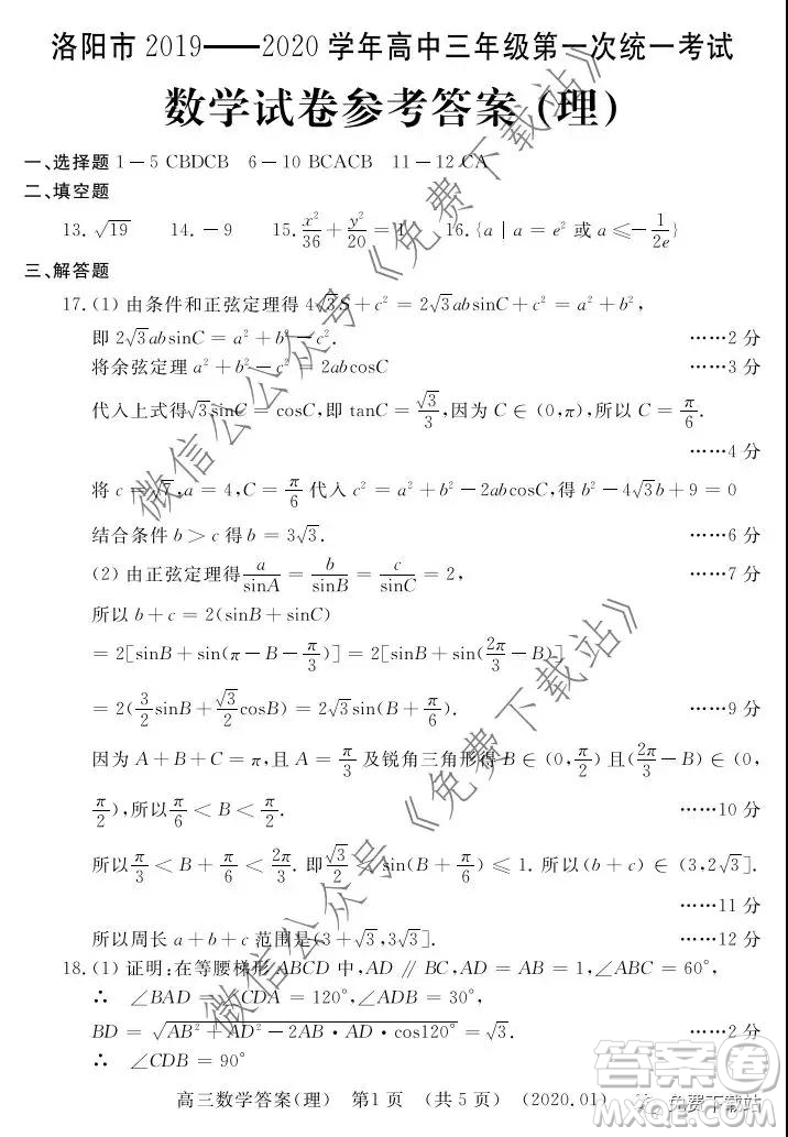 洛陽市2019-2020學(xué)年高中三年級第一次統(tǒng)一考試?yán)砜茢?shù)學(xué)試題及答案