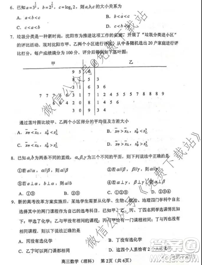 2020年沈陽市高中三年級教學(xué)質(zhì)量檢測一理數(shù)試題及答案