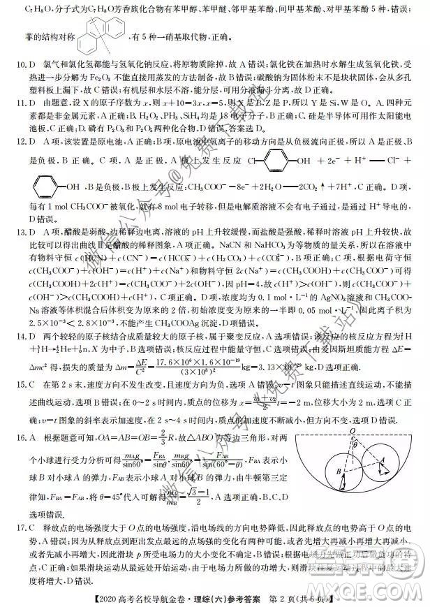 2020屆高考名校導(dǎo)航金卷六理科綜合考試答案