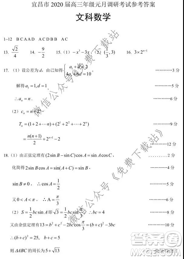 宜昌市2020屆高三年級(jí)元月調(diào)研考試文科數(shù)學(xué)試題及答案