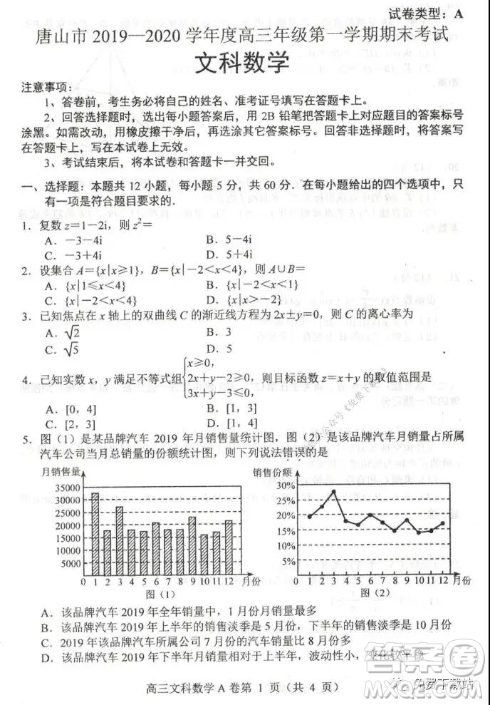 唐山市2019-2020學(xué)年度第一學(xué)期高三年級(jí)期末考試文科數(shù)學(xué)試題及答案