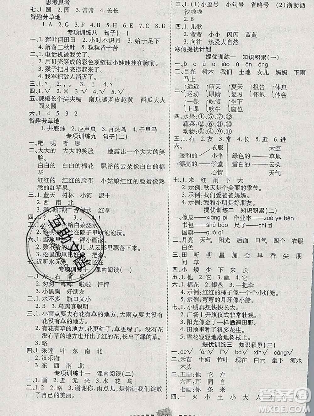 2020年特優(yōu)復習計劃期末沖刺寒假作業(yè)教材銜接一年級語文人教版答案