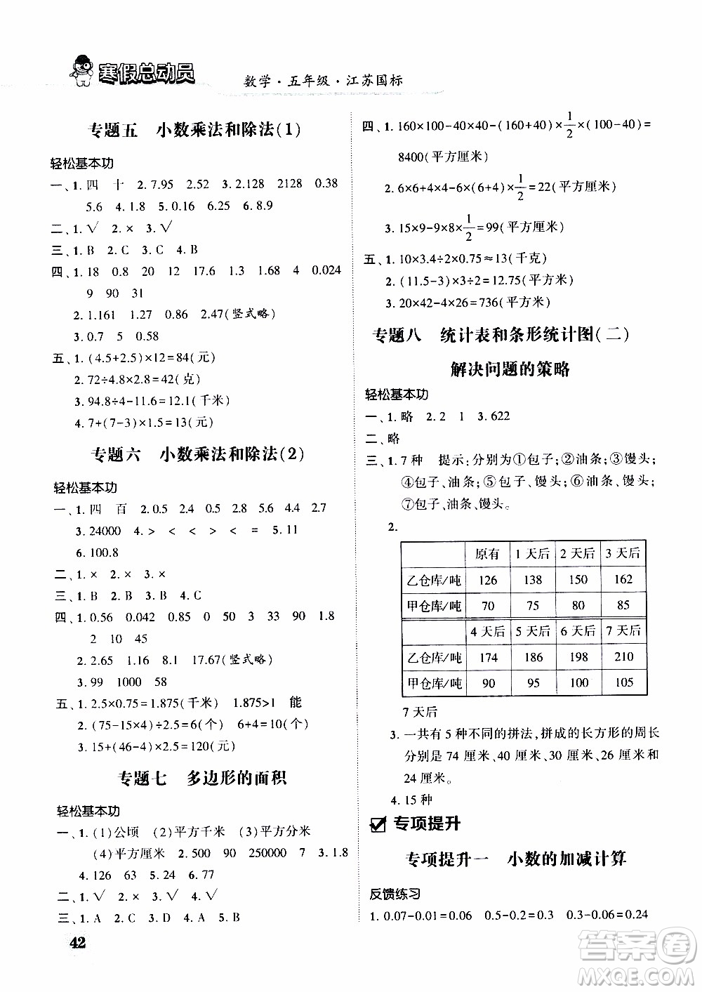 經(jīng)綸學(xué)典2020年寒假總動員數(shù)學(xué)五年級江蘇國際版參考答案