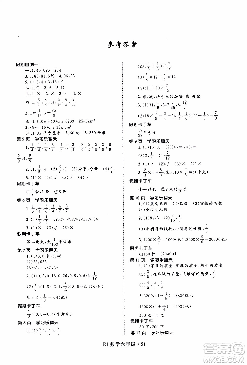 贏在起跑線2020年小學(xué)生快樂寒假數(shù)學(xué)六年級RJ人教版參考答案