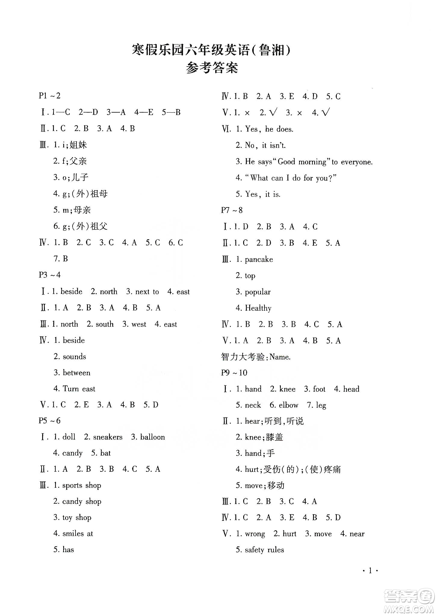 北京教育出版社2020寒假樂(lè)園六年級(jí)英語(yǔ)魯湘版河南專用答案