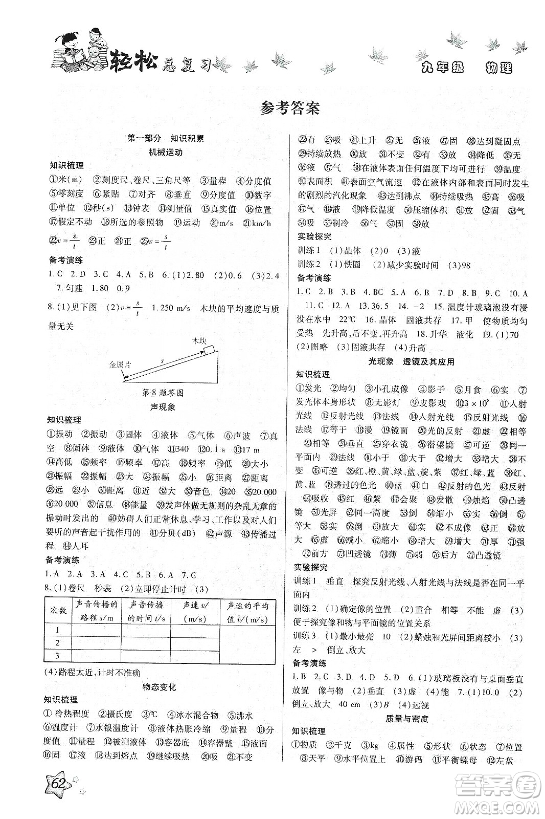 河北科學(xué)技術(shù)出版社2020河北中考輕松總復(fù)習(xí)寒假作業(yè)九年級物理答案