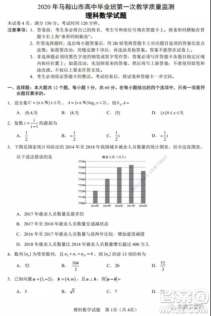 2020年馬鞍山市高中畢業(yè)班第一次教學質(zhì)量監(jiān)測理科數(shù)學試題及答案