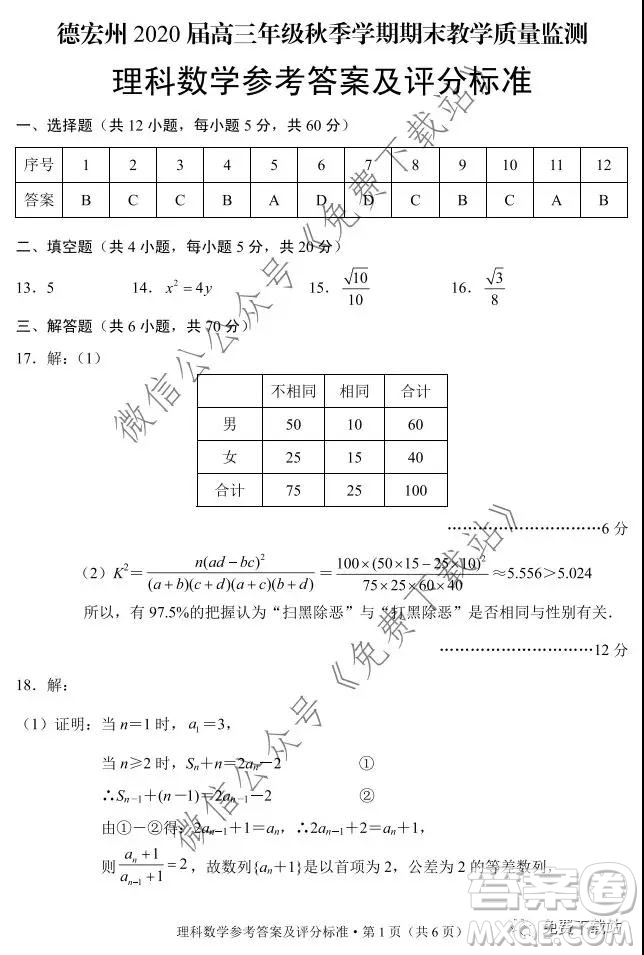 德宏州2020屆高三年級秋季學(xué)期期末教學(xué)質(zhì)量監(jiān)測理科數(shù)學(xué)試題及答案