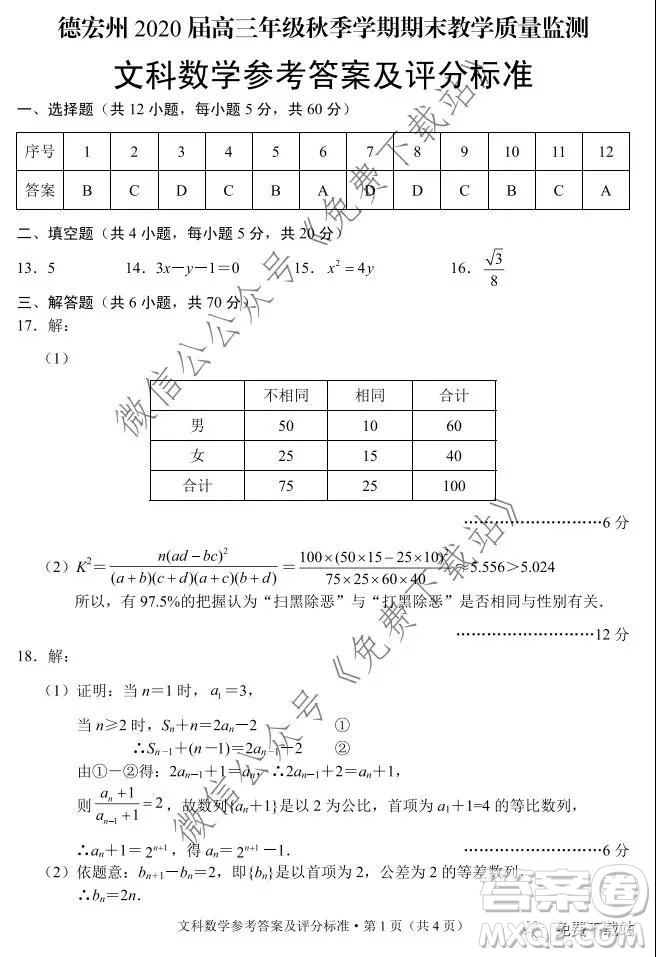 德宏州2020屆高三年級(jí)秋季學(xué)期期末教學(xué)質(zhì)量監(jiān)測(cè)文科數(shù)學(xué)試題及答案