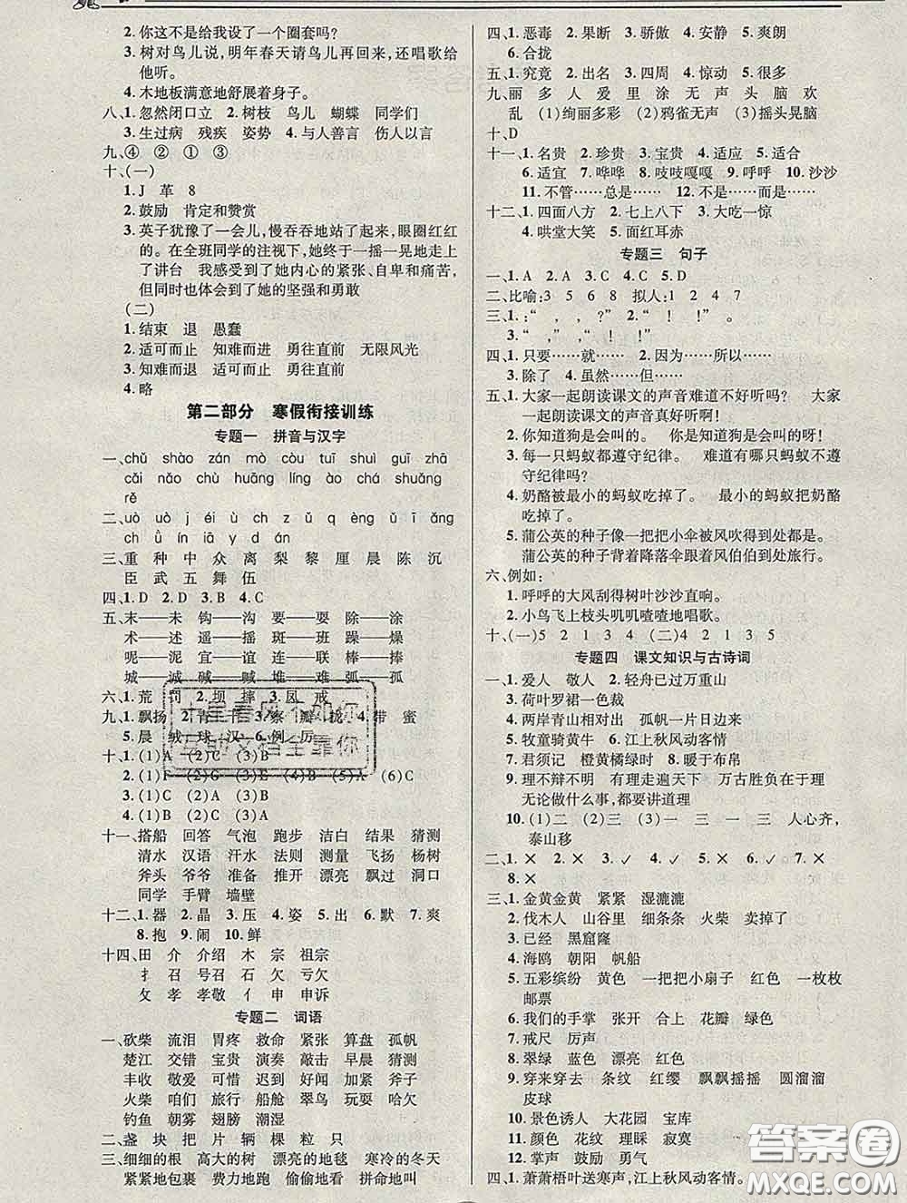 2020年快樂假期銜接優(yōu)化訓(xùn)練寒假三年級(jí)語文人教版答案