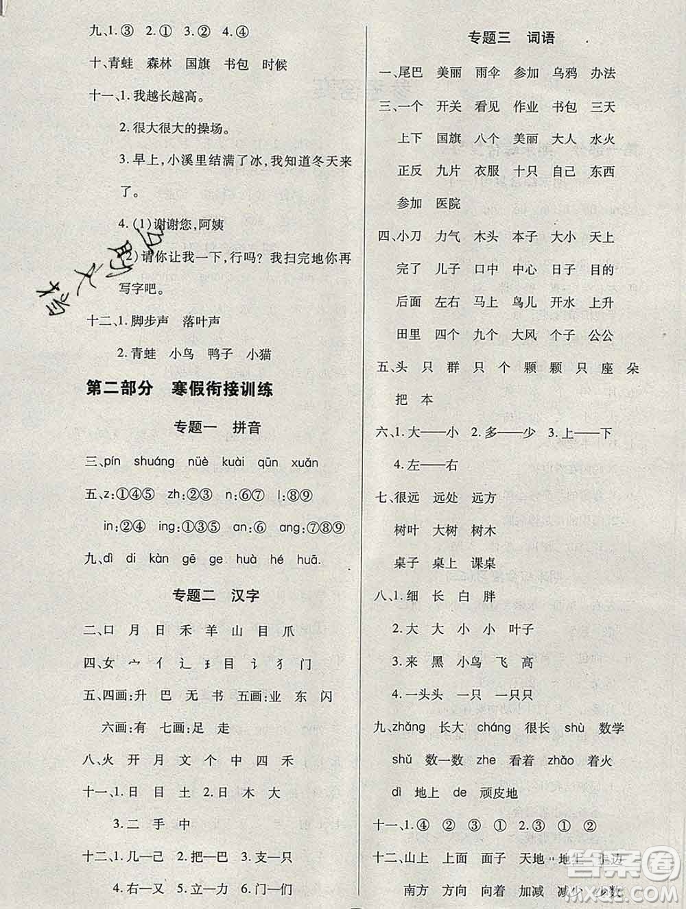 2020年快樂假期銜接優(yōu)化訓(xùn)練寒假一年級(jí)語(yǔ)文人教版答案