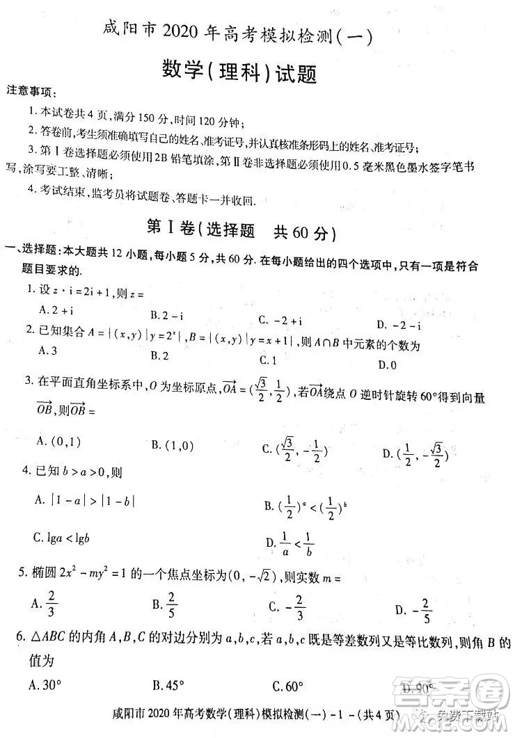 咸陽市2020年高考模擬檢測一理科數(shù)學答案