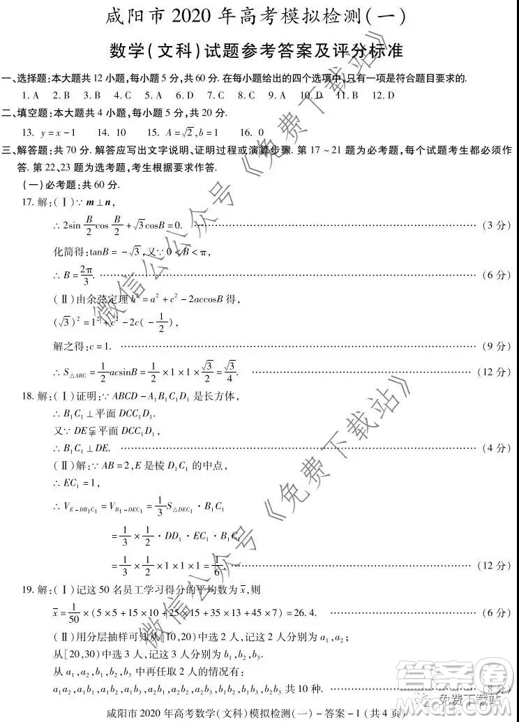 咸陽市2020年高考模擬檢測一文科數(shù)學(xué)試題及答案