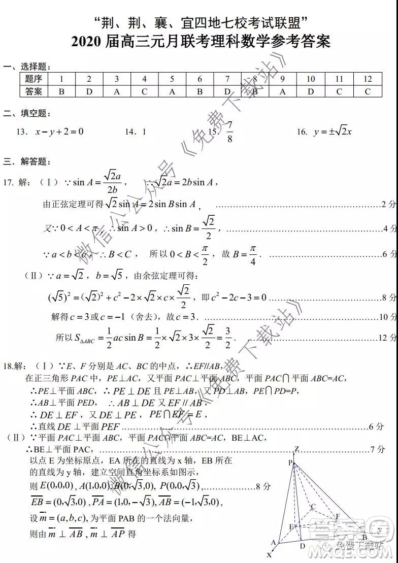 荊荊襄宜四地七校考試聯(lián)盟2020屆高三元月聯(lián)考理科數(shù)學(xué)試題及答案