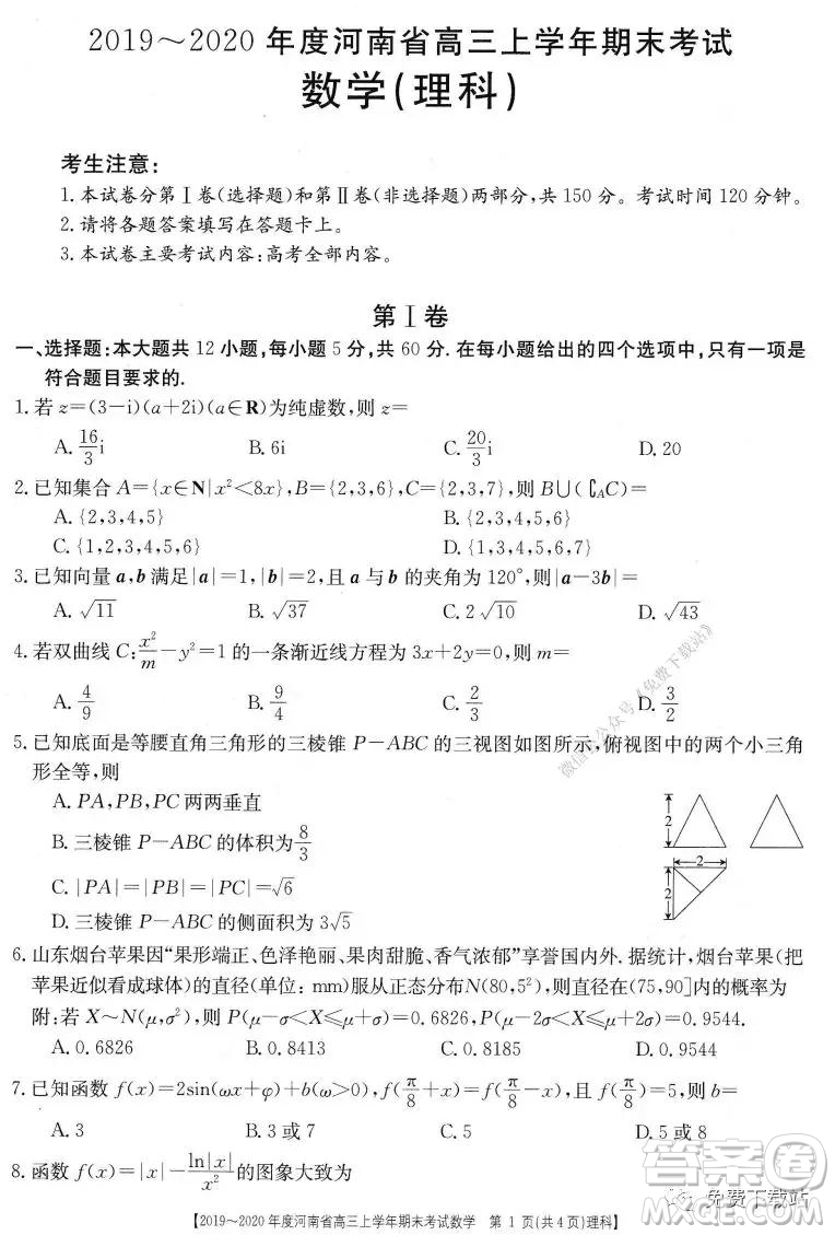 2019-2020年度河南省高三上學(xué)年期末考試?yán)砜茢?shù)學(xué)試題及答案