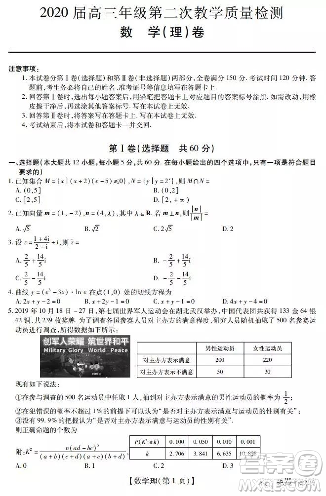 深圳2020屆高三年級(jí)第二次教學(xué)質(zhì)量檢測(cè)理科數(shù)學(xué)試題及答案