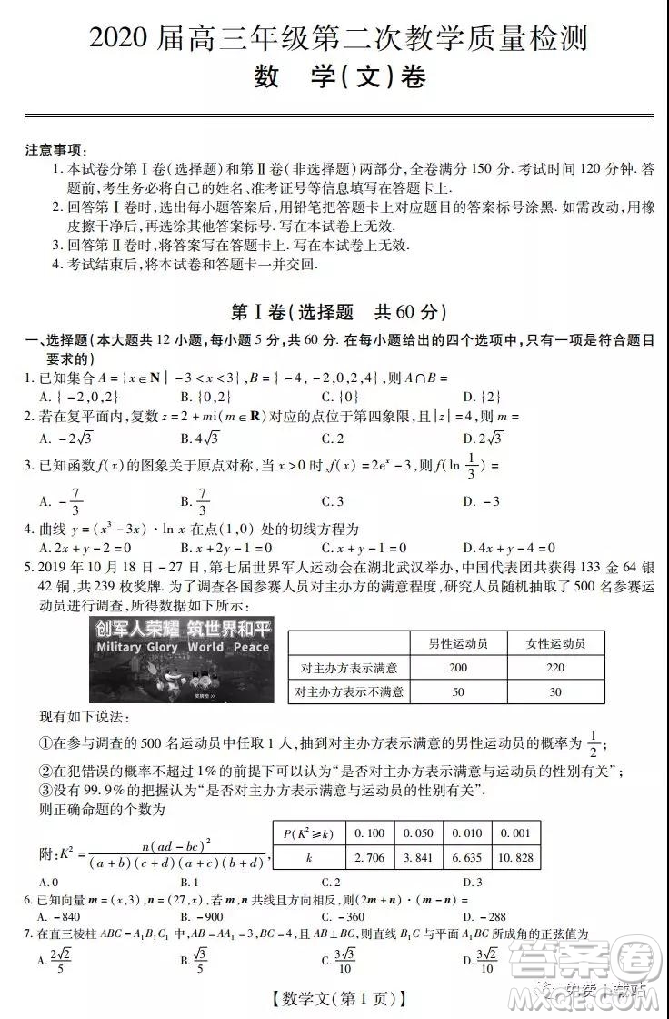 深圳2020屆高三年級第二次教學(xué)質(zhì)量檢測文科數(shù)學(xué)試題及答案