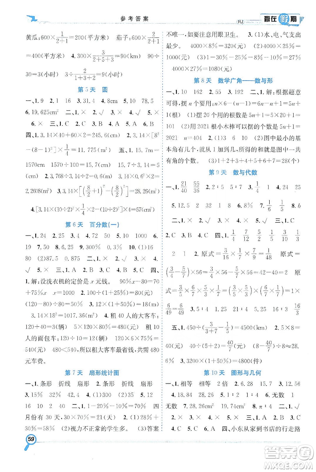 合肥工業(yè)大學(xué)出版社2020宏龍寒假學(xué)期總復(fù)習(xí)贏在假期六年級(jí)數(shù)學(xué)人教版答案