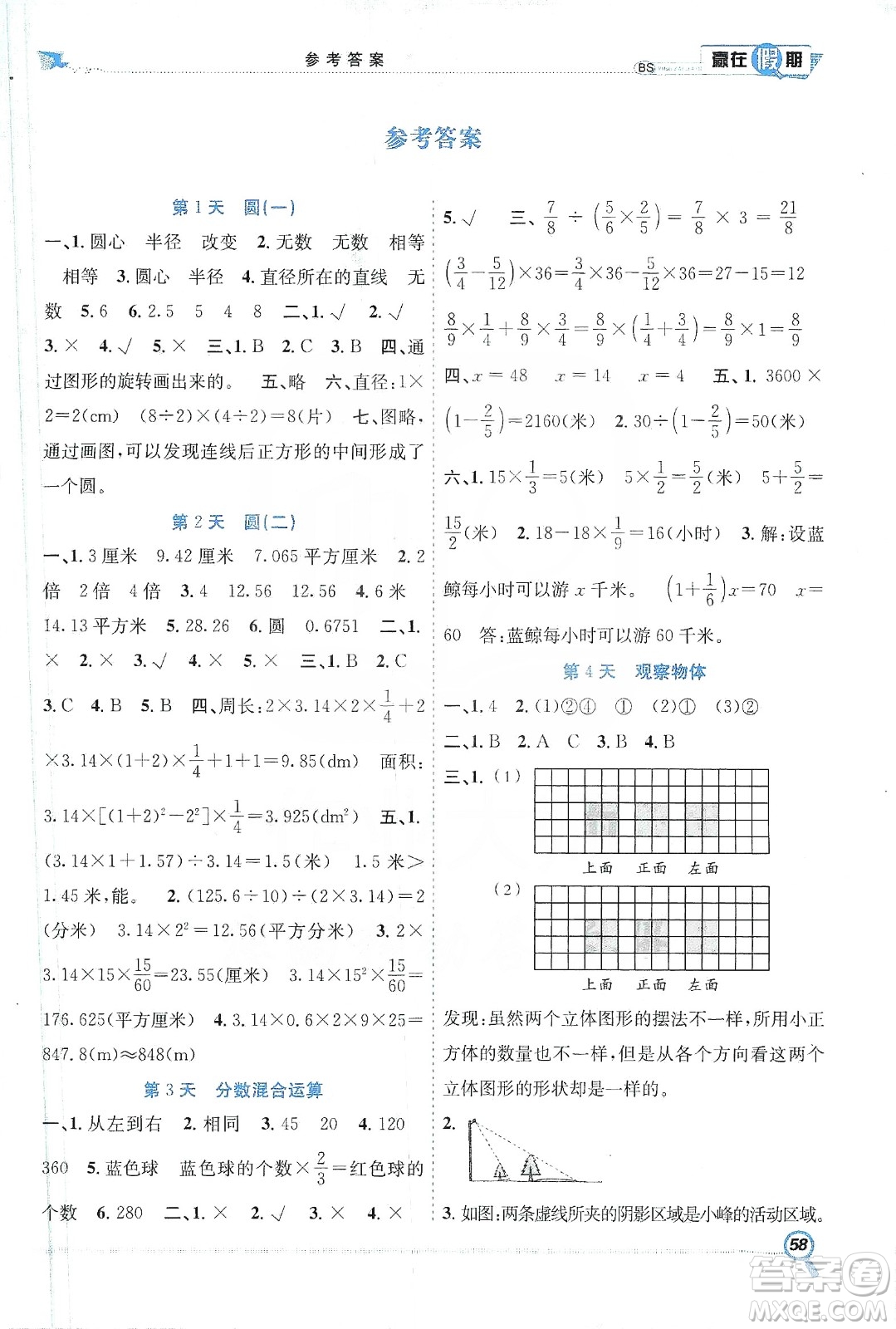 合肥工業(yè)大學(xué)出版社2020宏龍寒假學(xué)期總復(fù)習(xí)贏在假期六年級數(shù)學(xué)北師大版答案