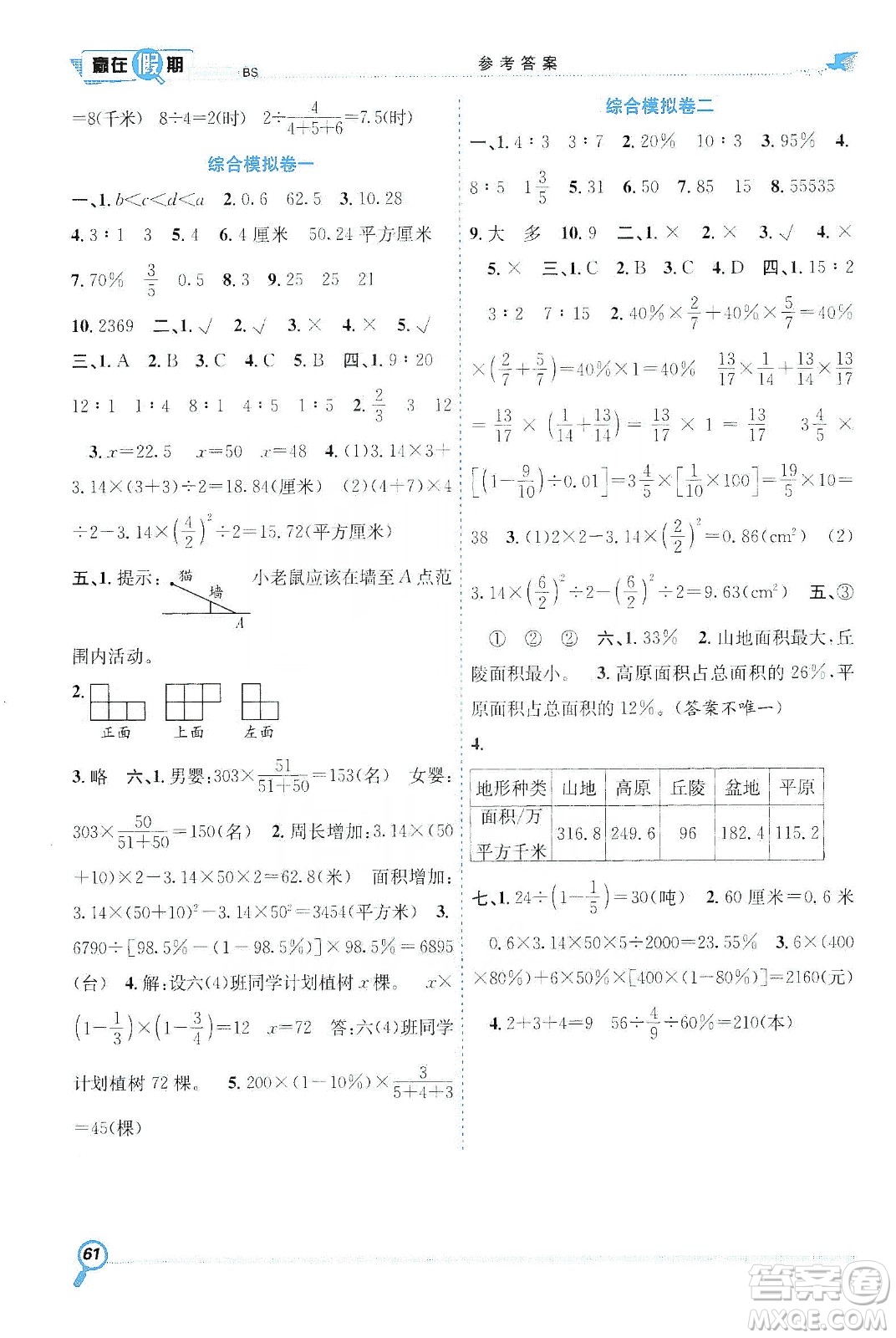 合肥工業(yè)大學(xué)出版社2020宏龍寒假學(xué)期總復(fù)習(xí)贏在假期六年級數(shù)學(xué)北師大版答案