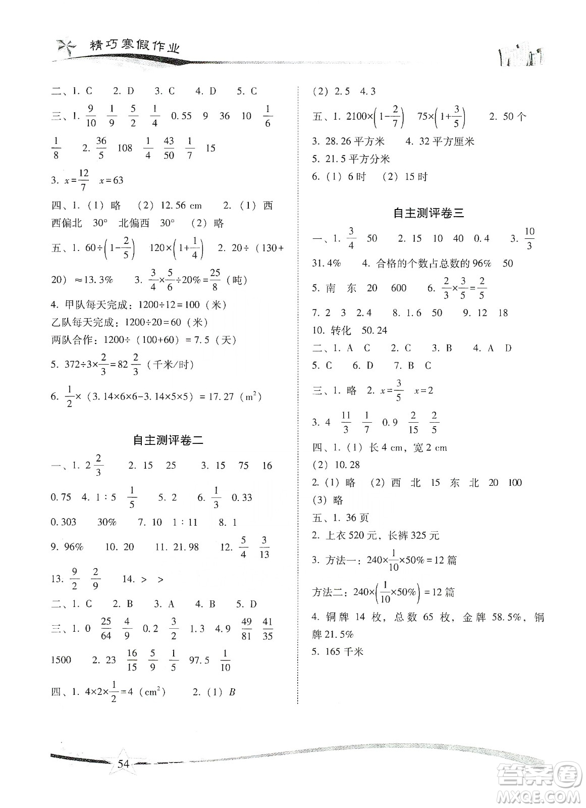 云南美術(shù)出版社2020精巧寒假作業(yè)專題訓(xùn)練與期末總復(fù)習(xí)六年級(jí)數(shù)學(xué)人教版答案