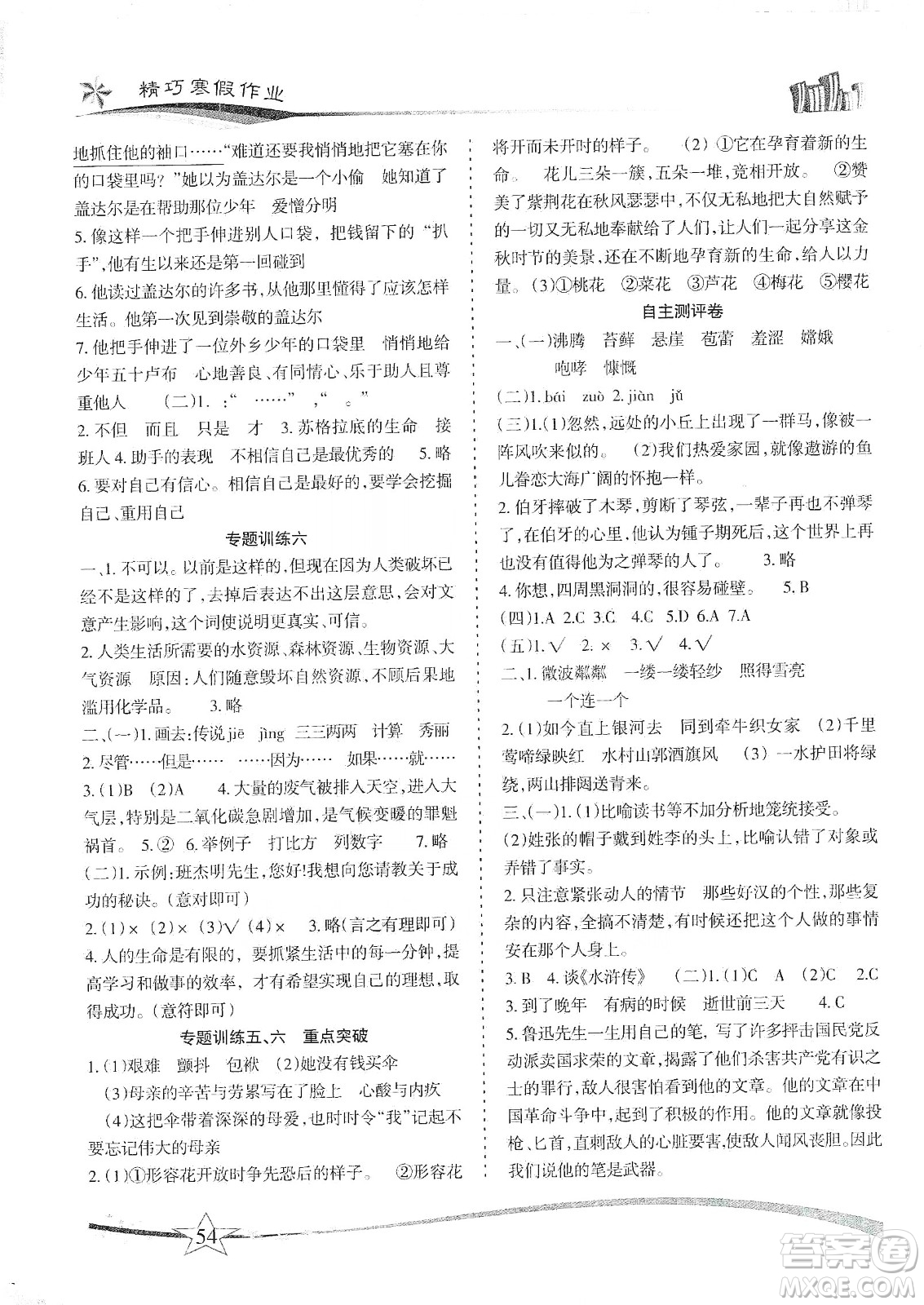 云南美術(shù)出版社2020精巧寒假作業(yè)專題訓(xùn)練與重點(diǎn)突破六年級語文人教版答案