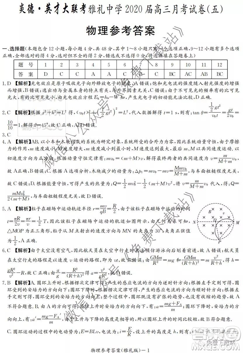 炎德英才大聯(lián)考雅禮中學(xué)2020屆高三月考五物理答案