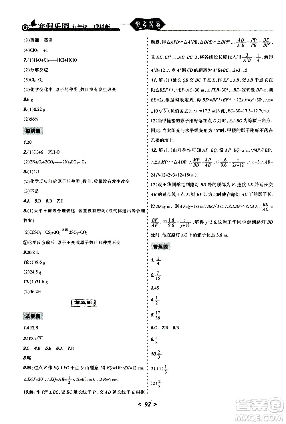 遼寧師范大學(xué)出版社2020年寒假樂(lè)園九年級(jí)理科版參考答案