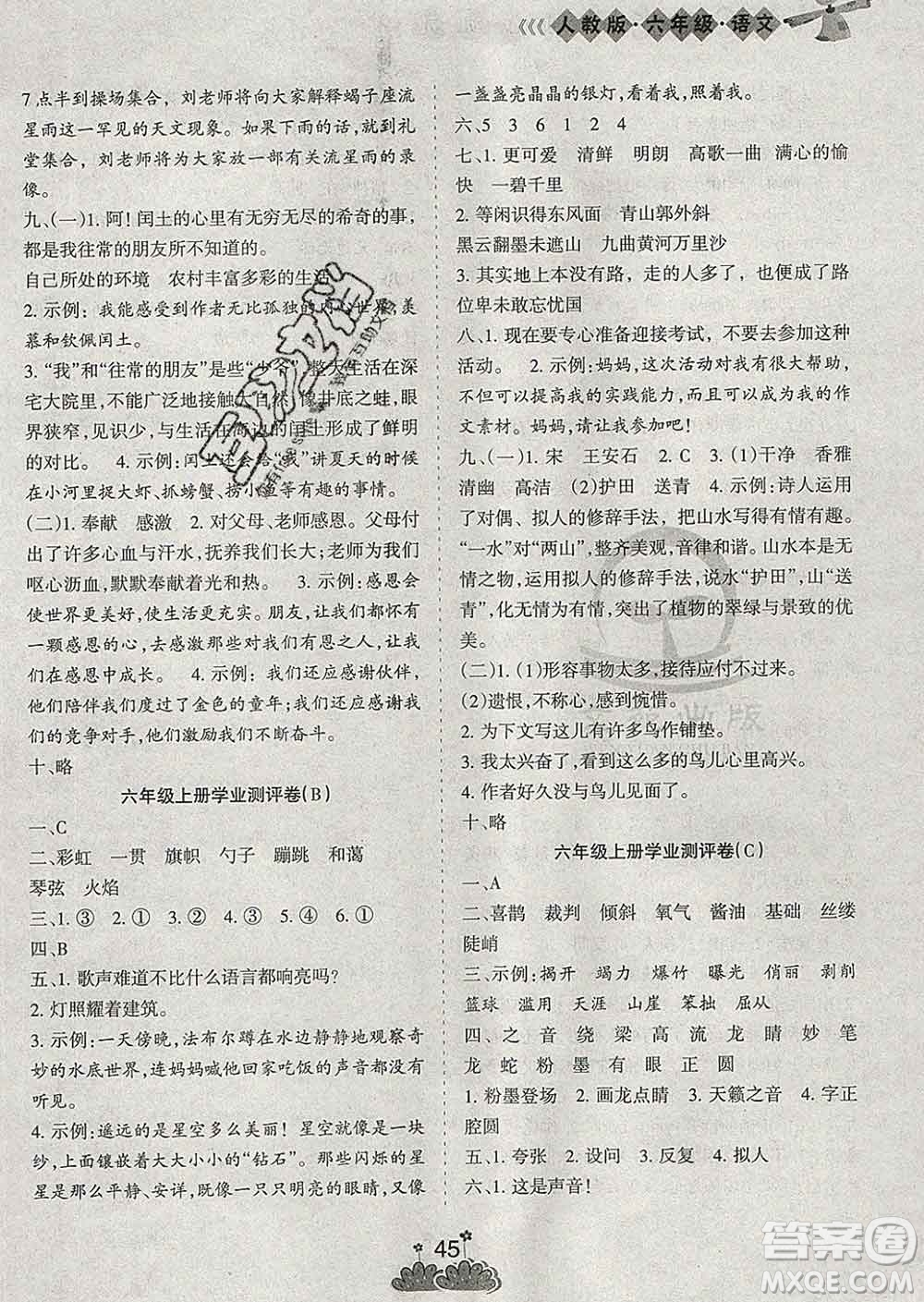 陽(yáng)光出版社2020年假日時(shí)光假期總動(dòng)員寒假六年級(jí)語(yǔ)文人教版答案