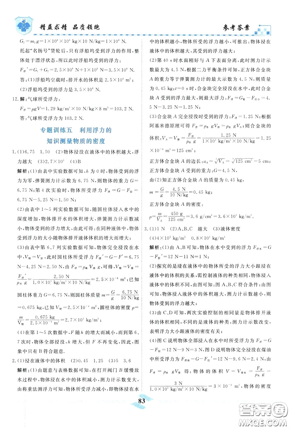 天津人民出版社2020年一飛沖天課時作業(yè)八年級下冊物理參考答案