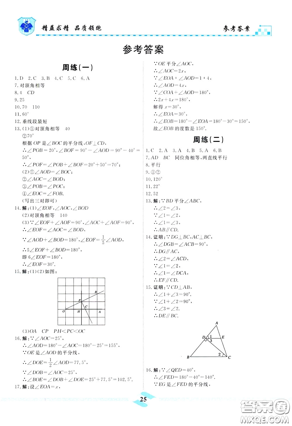 天津人民出版社2020年一飛沖天課時作業(yè)七年級下冊數(shù)學周練參考答案