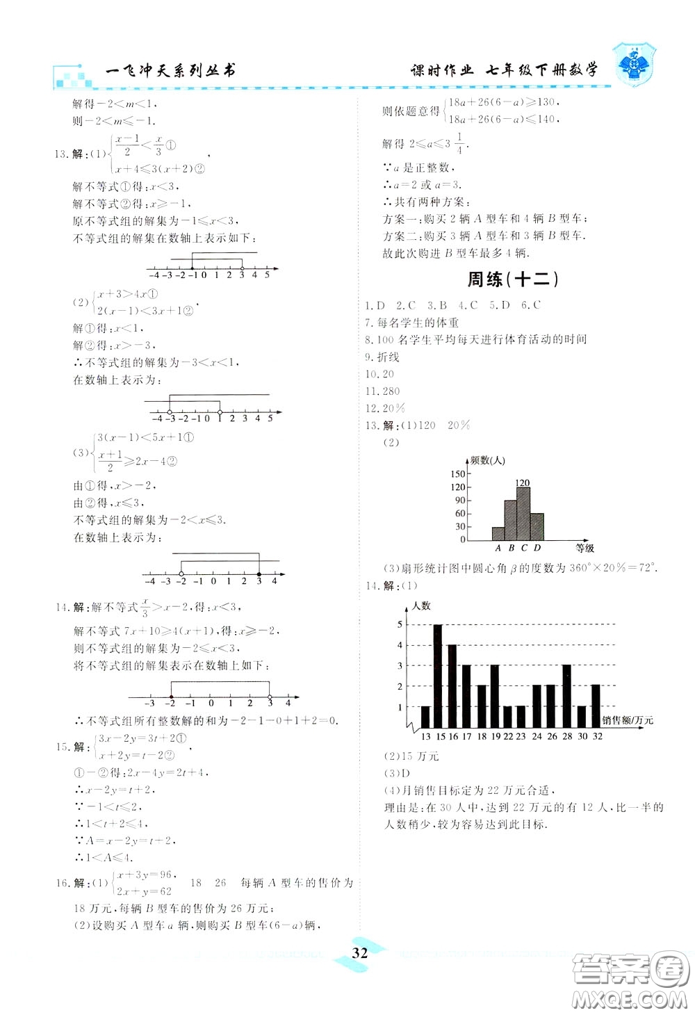 天津人民出版社2020年一飛沖天課時作業(yè)七年級下冊數(shù)學周練參考答案