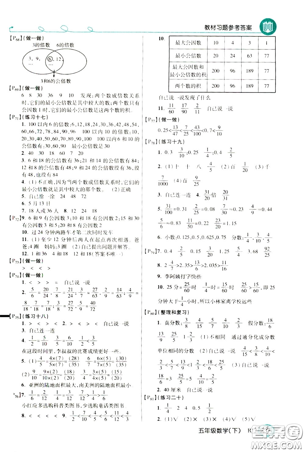 萬向思維2020年倍速學(xué)習(xí)法教材導(dǎo)學(xué)練五年級數(shù)學(xué)下RJ人教版參考答案