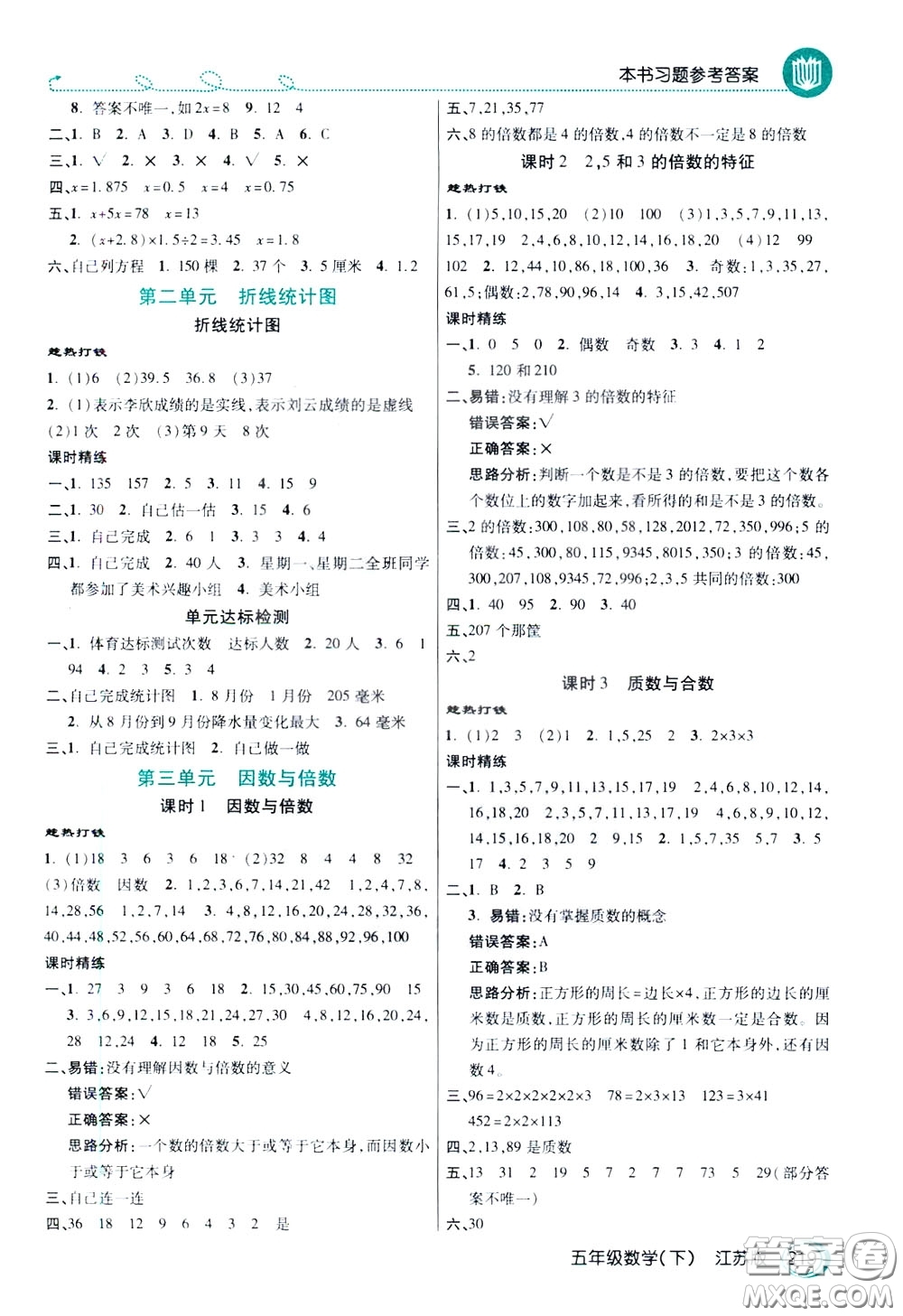 萬向思維2020年倍速學(xué)習(xí)法教材導(dǎo)學(xué)練五年級數(shù)學(xué)下江蘇版參考答案